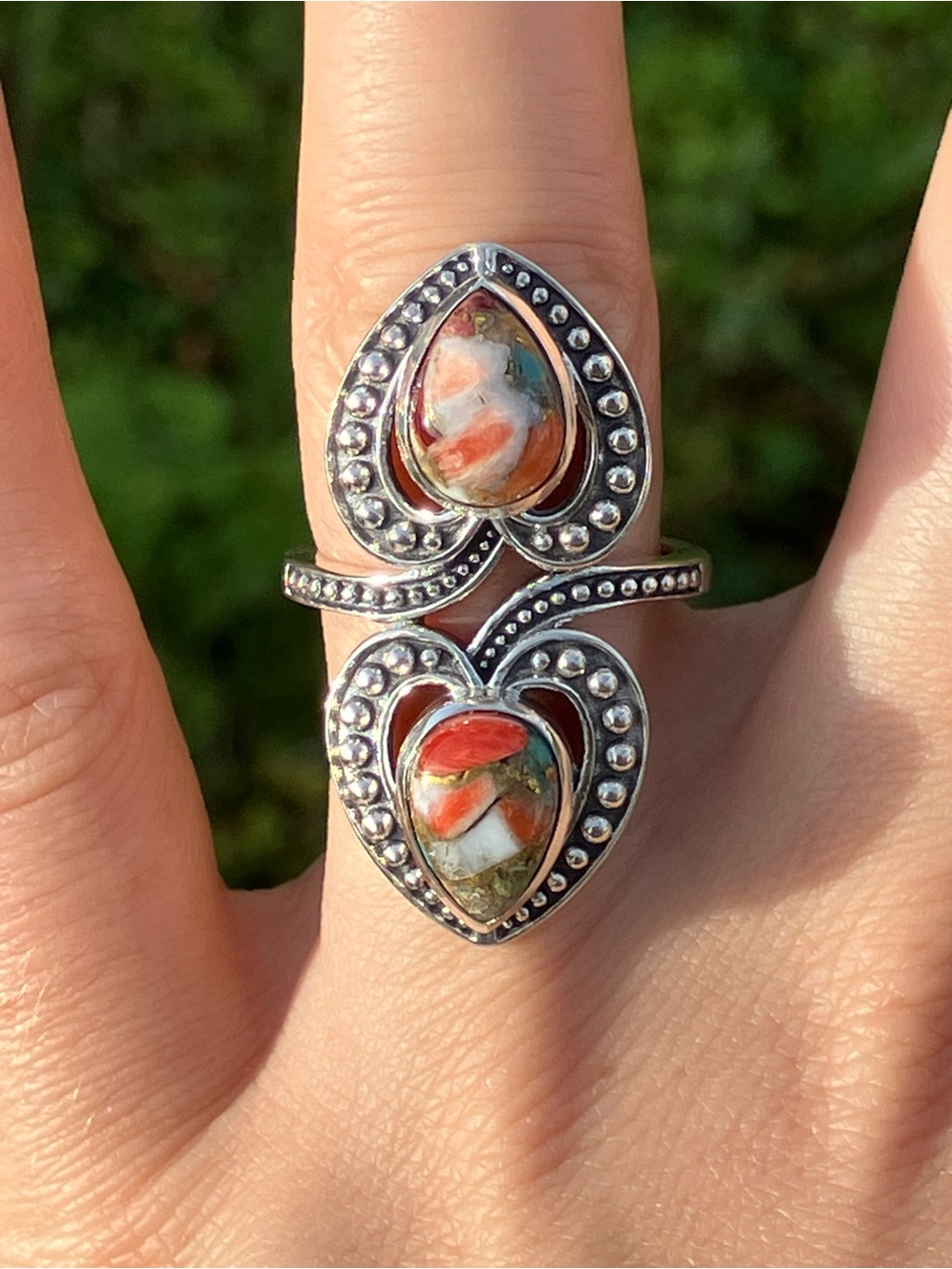 Spiny Oyster Sterling Silver Double Heart Ring Size 7